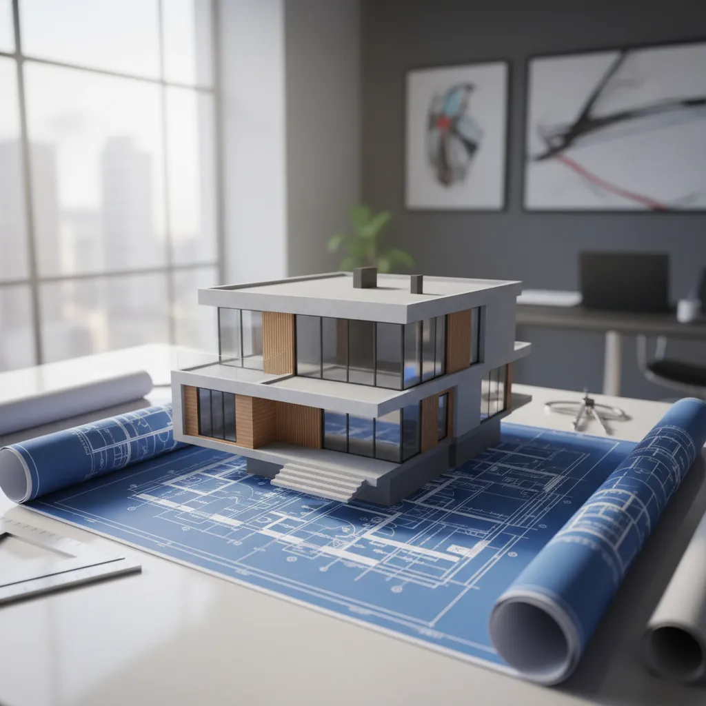 Modelo 3D de casa junto a plano arquitectónico