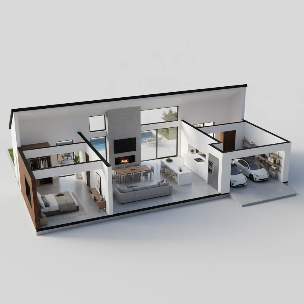 Modelo 3D de una casa de una planta con garaje integrado