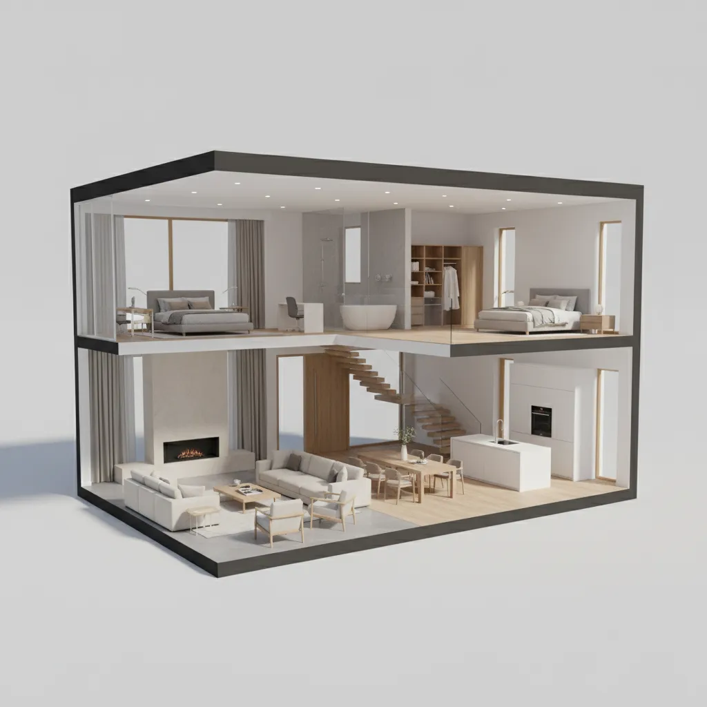 modelo 3D de casa mostrando interior con habitaciones