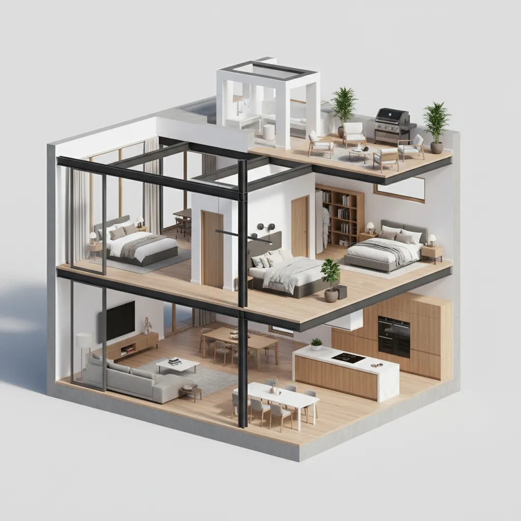 Modelo 3D de una casa de tres niveles mostrando habitaciones
