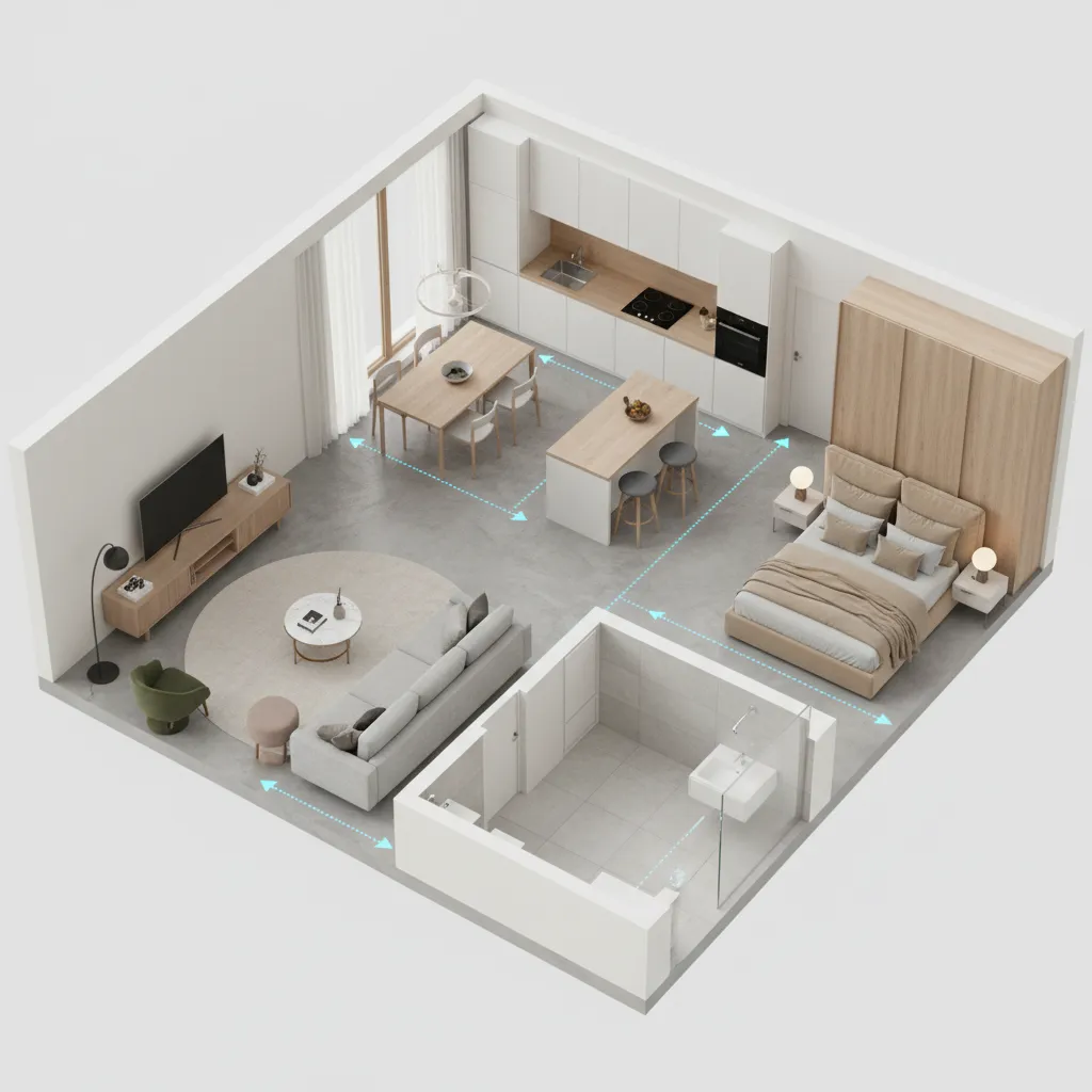 Three dimensional interior design drawing of studio apartment layout showing furniture and blue measurement lines