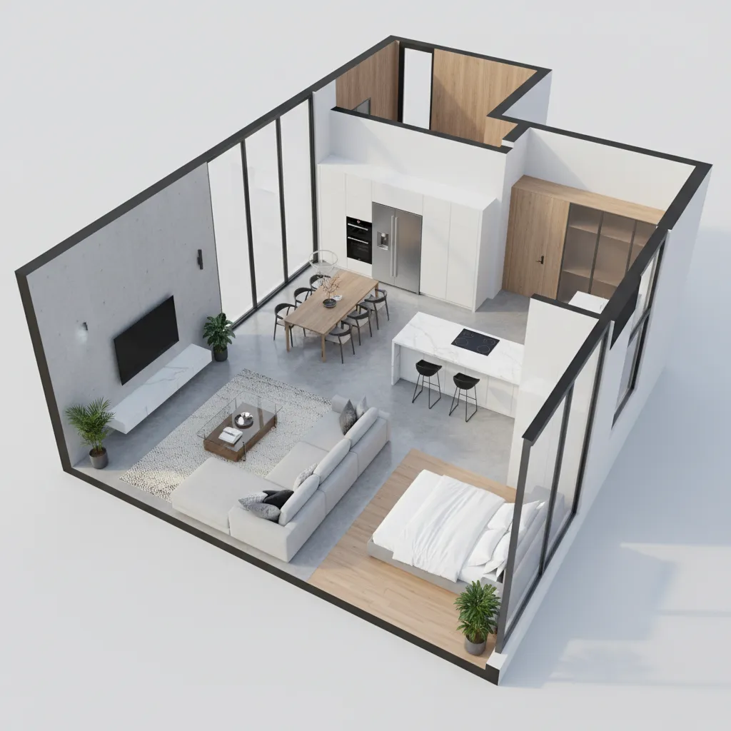 Modelo 3D de una casa moderna mostrando distribución interior