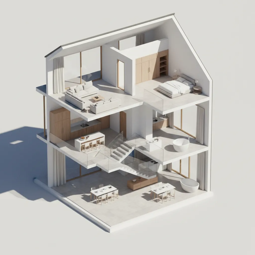 Modelo 3D de una casa moderna mostrando la distribución interior