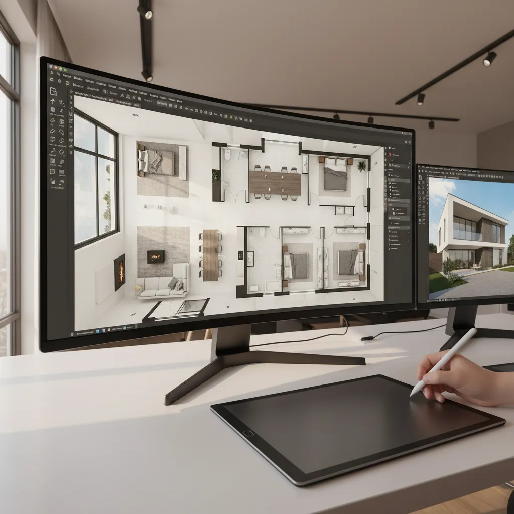Designer using a digital tablet pen to edit a house room layout on computer screen