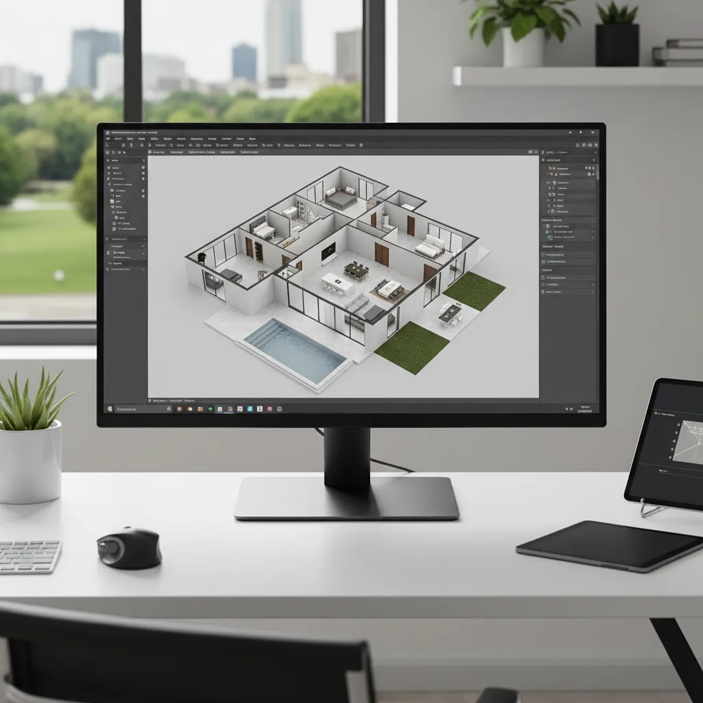 Computer screen showing Coohom 3D house design with swimming pool on a white office desk