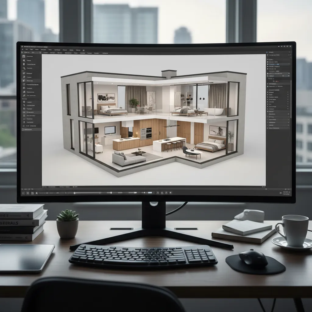 Computer monitor on desk showing a three dimensional interior design drawing of a modern house