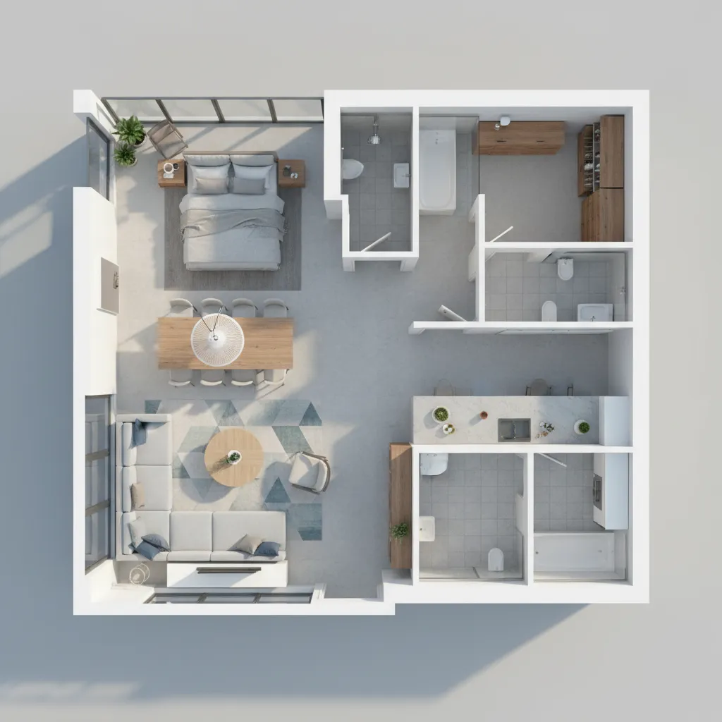 Modelo 3D de un apartamento mostrando distribución de muebles