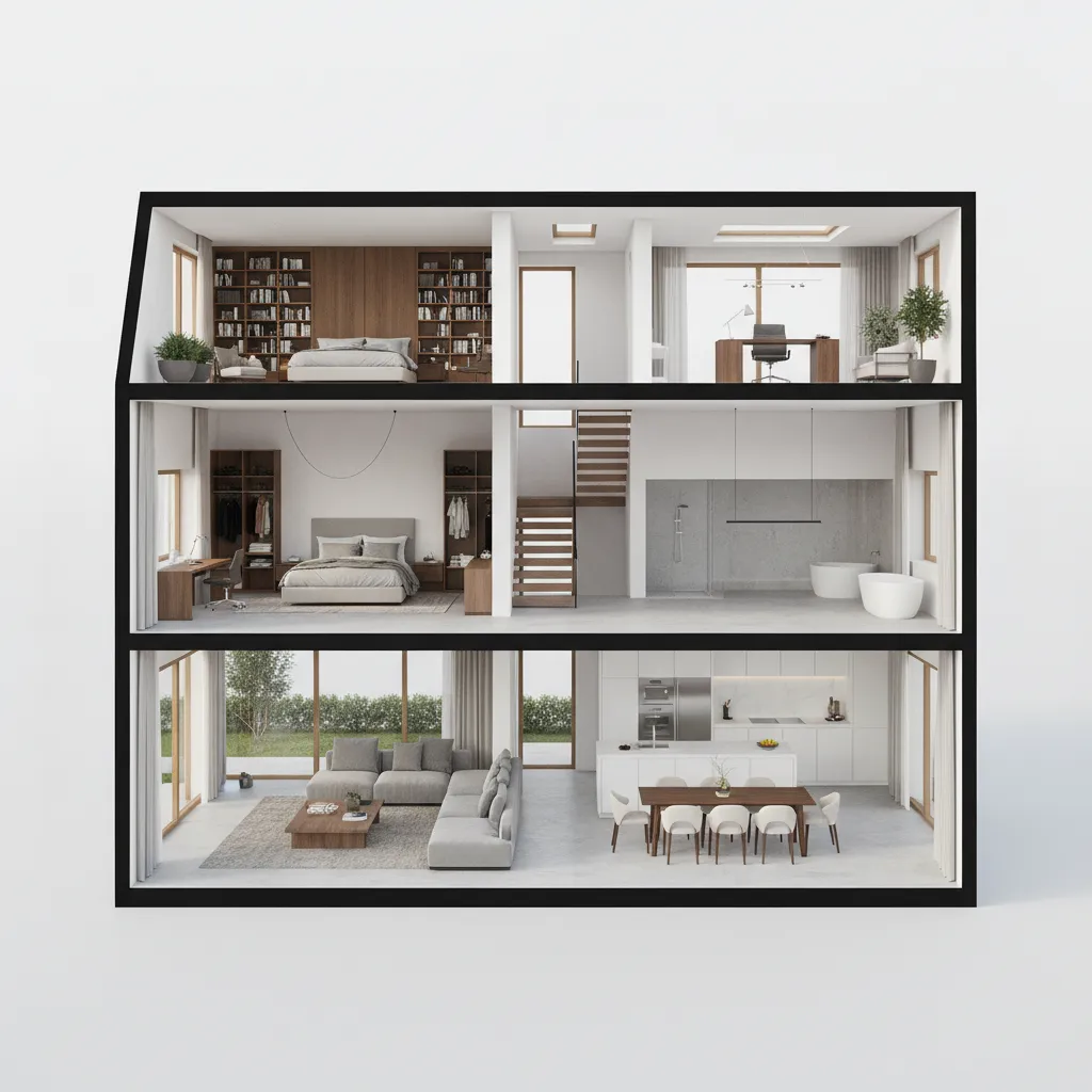 Modelo 3D del interior de una casa mostrando diferentes habitaciones