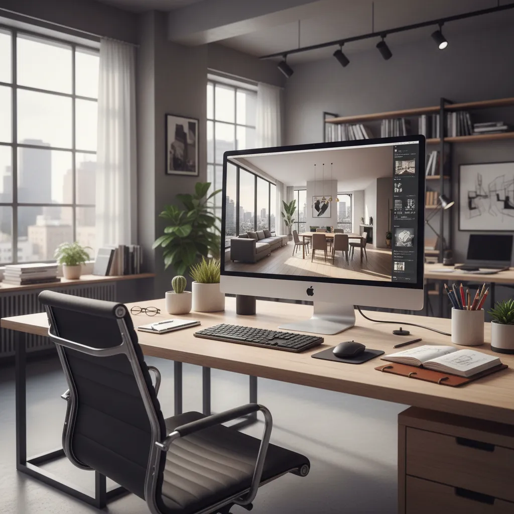 Computer monitor displaying modern interior design render on wooden desk with black chair and window