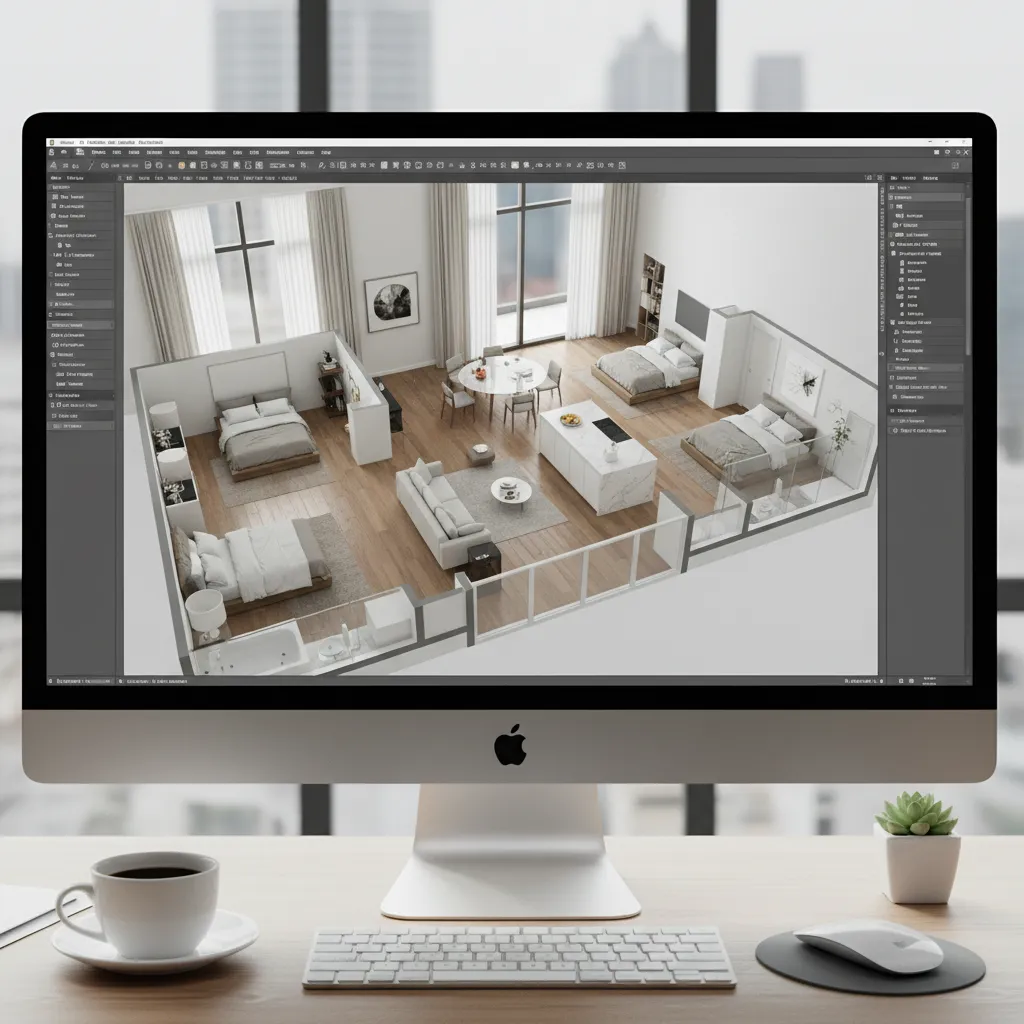 Pantalla con modelo 3D de un apartamento mostrando distribución interior