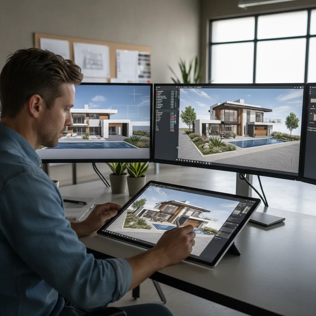 modelo digital 3D de una vivienda moderna en proceso de diseño