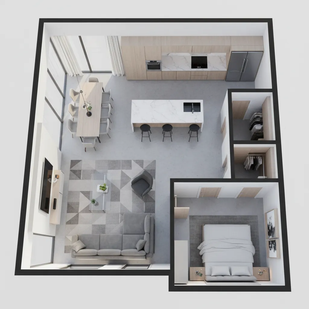 Modelo 3D de distribución interior de una casa con muebles