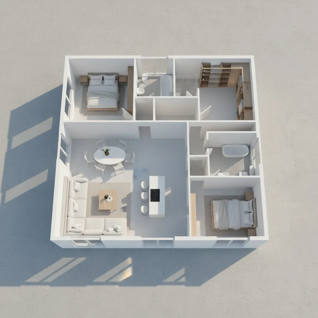 Modelo tridimensional de distribución interior de una casa
