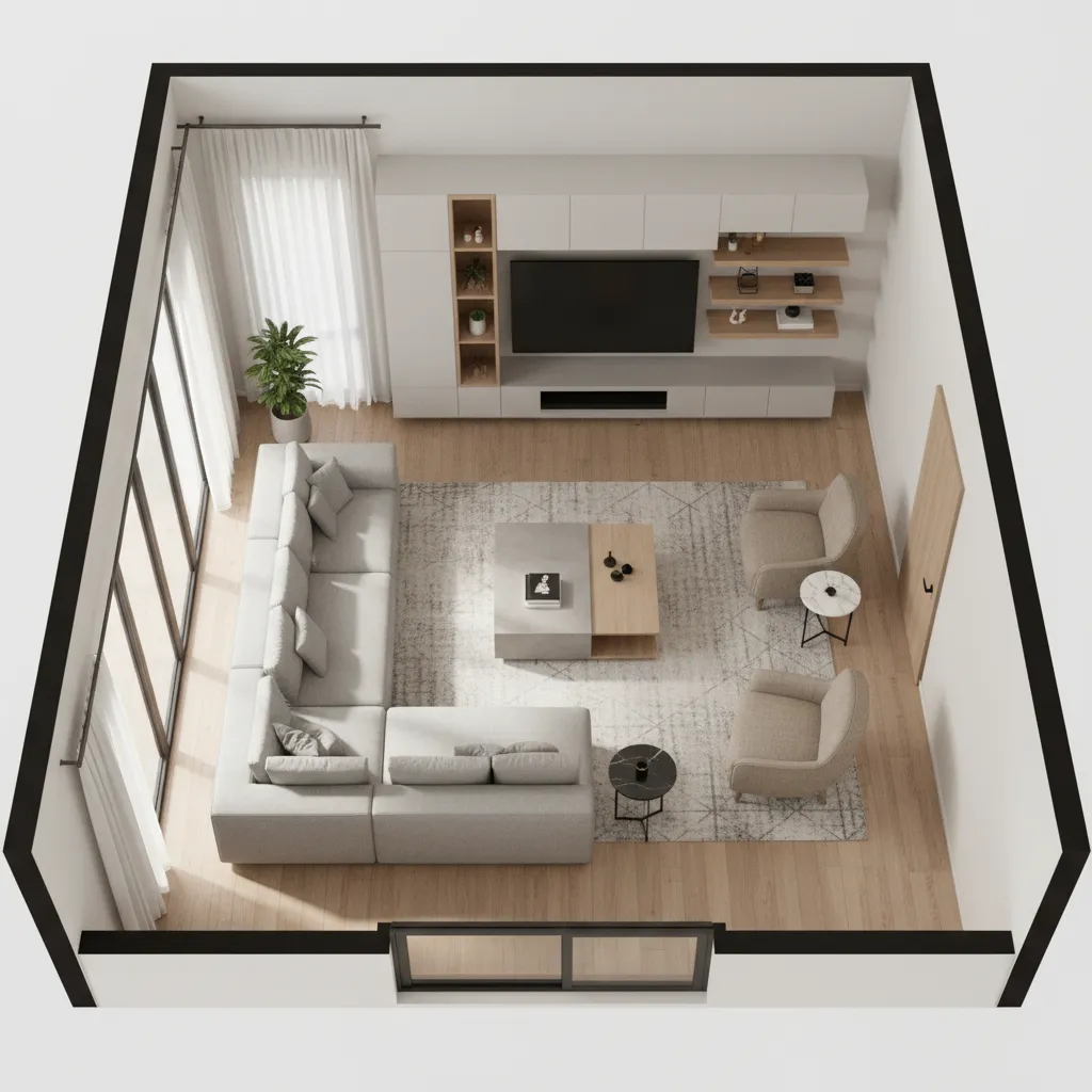 Modelo 3D de un salón con sofá, mesa y circulación visible