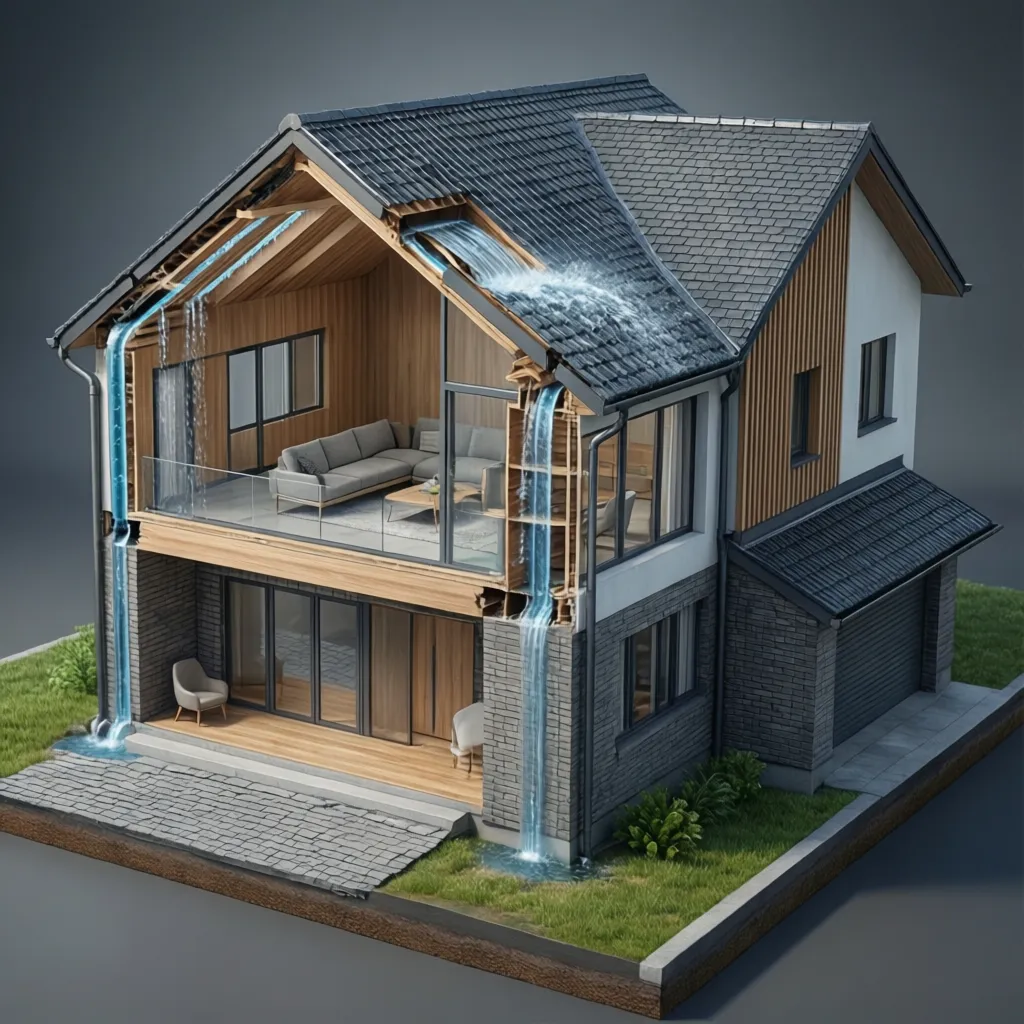 Modelo 3D de vivienda mostrando sistema de drenaje pluvial