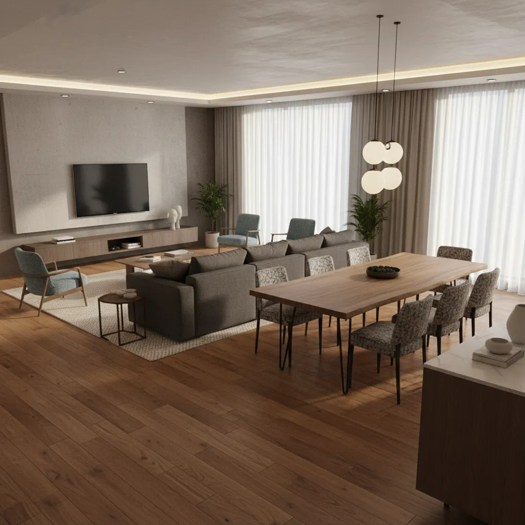 modelo 3D de un espacio abierto salón y comedor