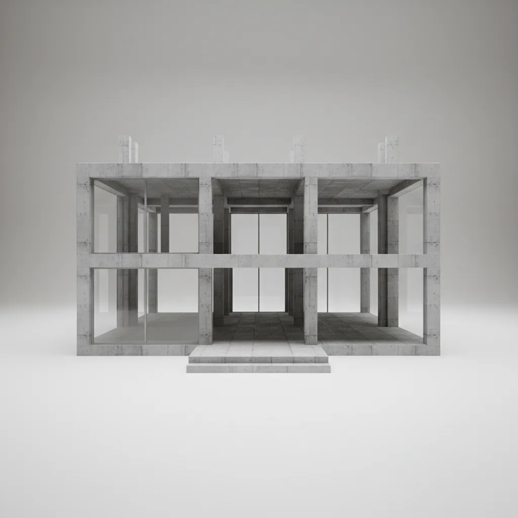 Modelo 3D de la estructura de una casa mostrando columnas y losas