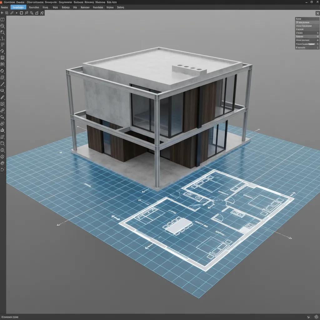 Software interface showing a modern house interior design drawing and floor plan on blue grid