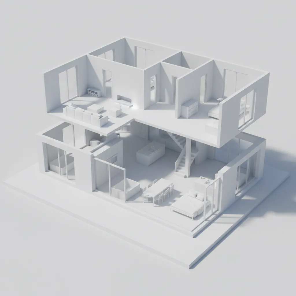 Modelo 3D de una casa mostrando paredes, ventanas y estructura interior