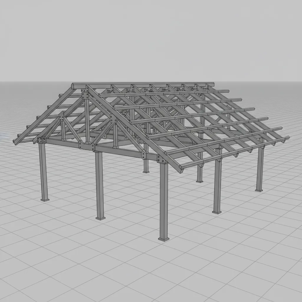 Modelo 3D de estructura metálica de techo en software de diseño