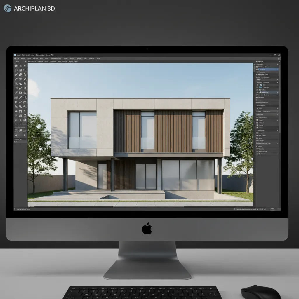 Modelo 3D de planificación de fachada moderna de una vivienda