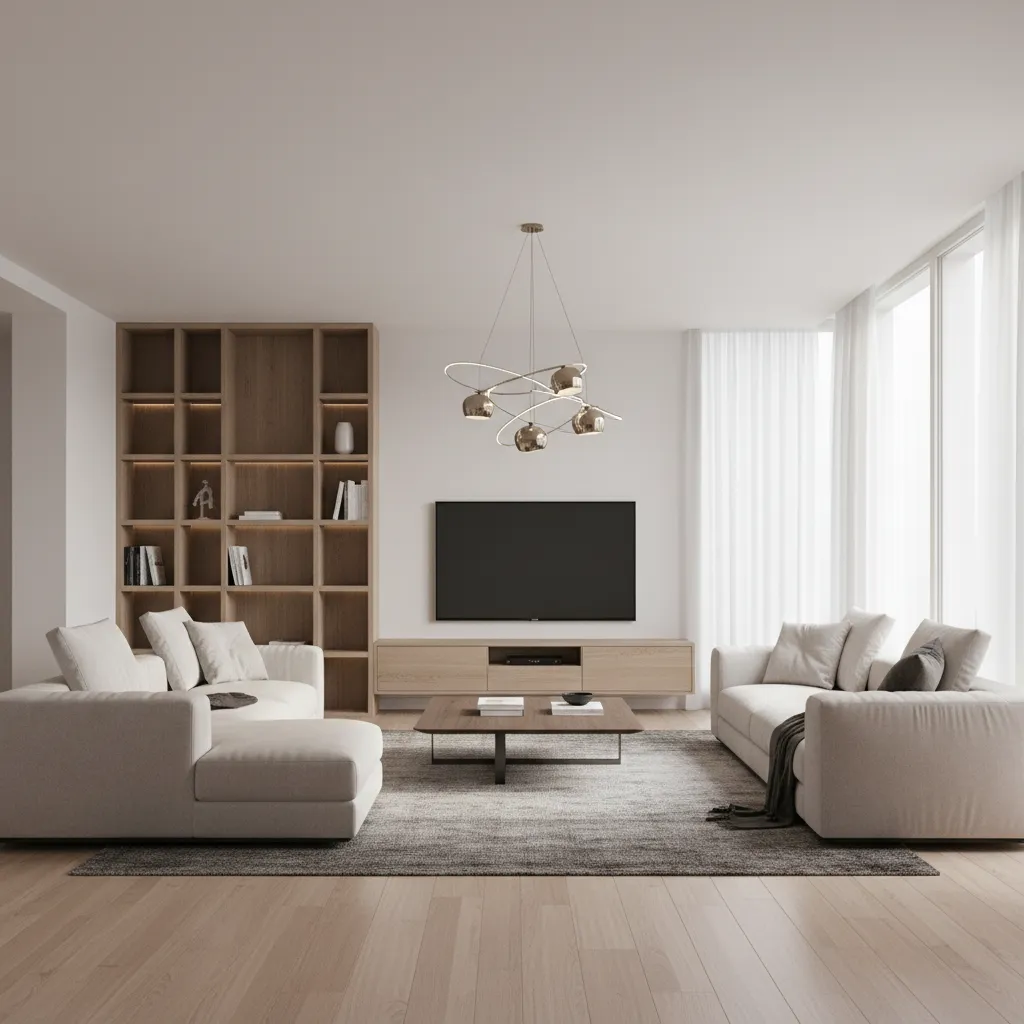 Modern living room with white sofas wooden bookshelf large television and a gold metal light