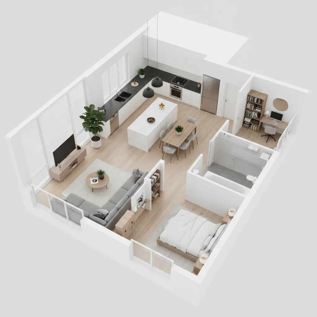 Modelo 3D de una vivienda mostrando distribución interior