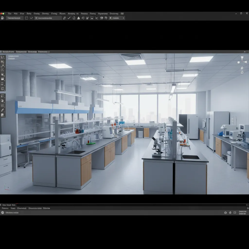 Modelo 3D de laboratorio mostrando distribución de equipos