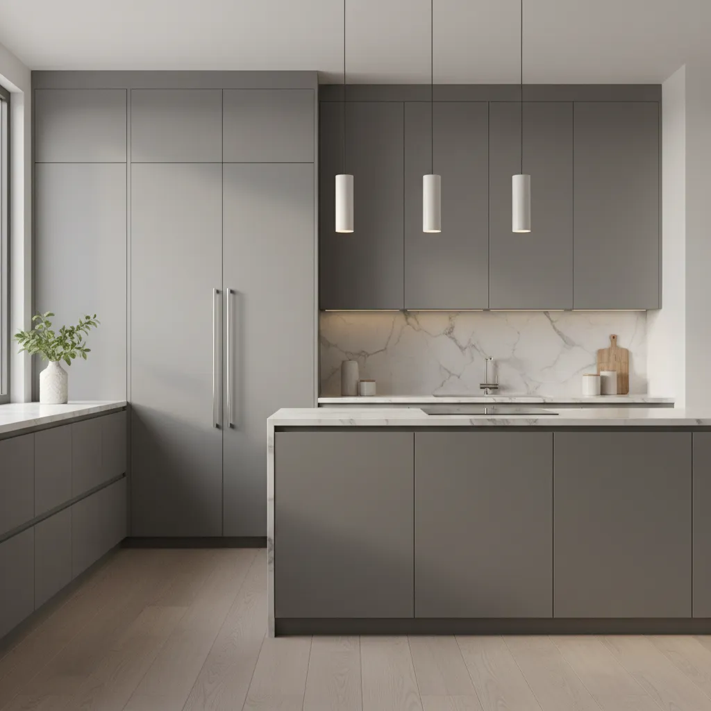 Modern grey kitchen interior design drawing with marble wall ceiling lights island and wood flooring
