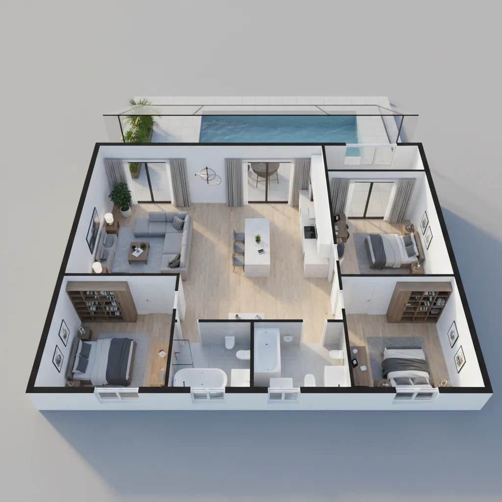 Modern three bedroom apartment interior design drawing showing swimming pool and open layout with furniture