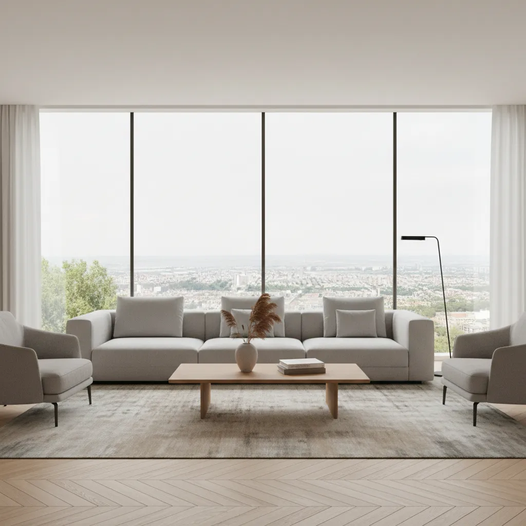 Modern living room with grey sofa wooden coffee table large windows and city view at daytime