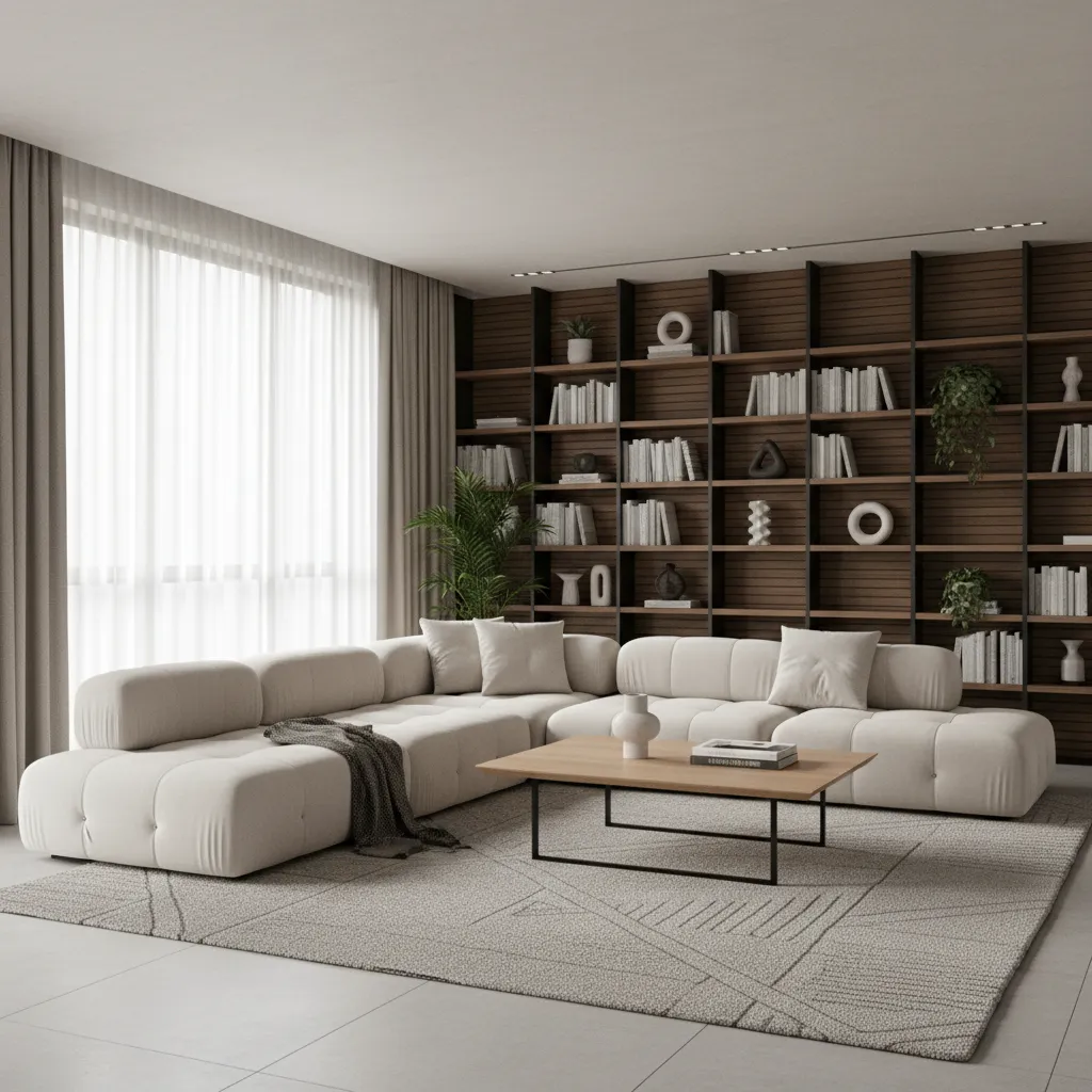 Modern living room with white sofa wooden coffee table large dark bookshelf and grey rug
