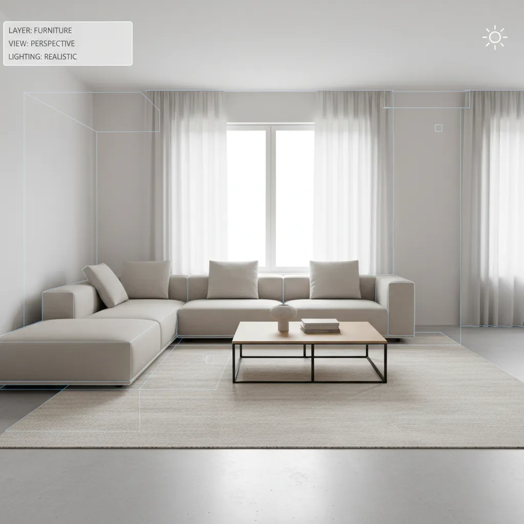 Modelo 3D de una sala de estar utilizado para probar distribución de muebles