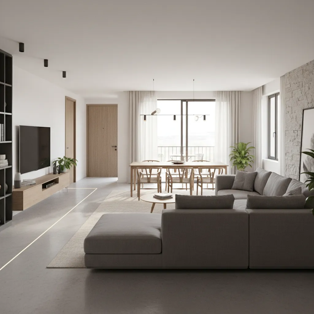 modelo 3D mostrando la distribución de muebles en un salón