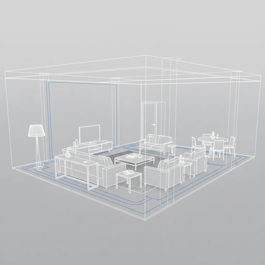 Modelo 3D de salón mostrando distribución de muebles y circulación