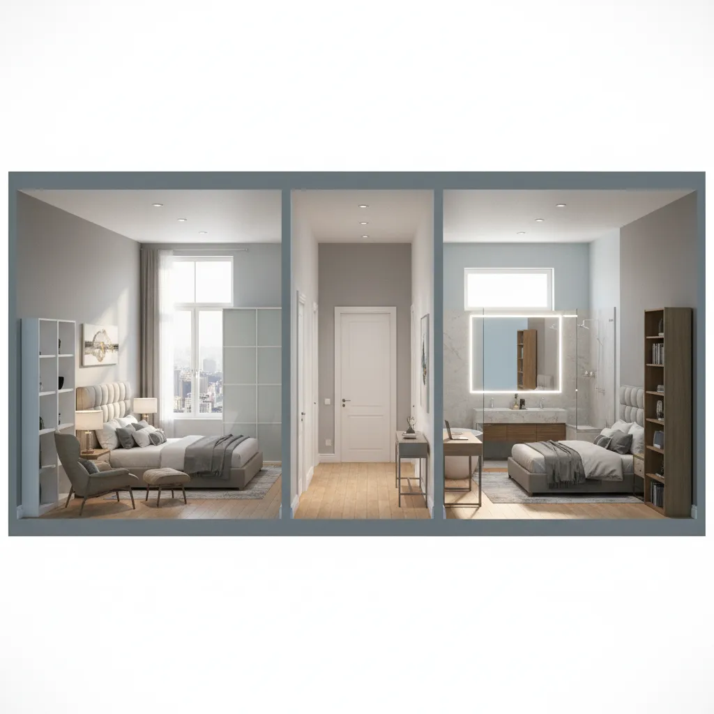 Modelo 3D de segundo piso con dormitorios y pasillo central