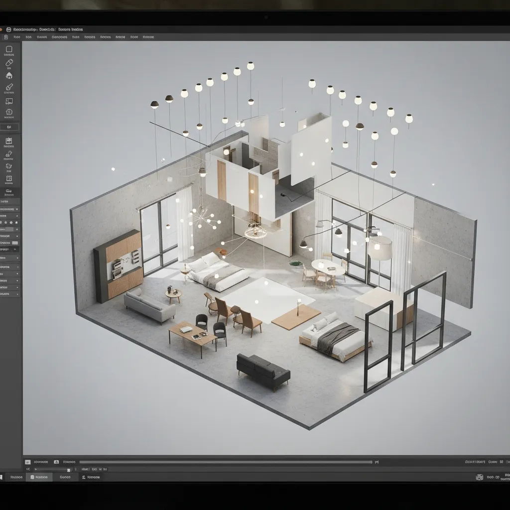 Modelo BIM de un espacio interior mostrando paredes, mobiliario y datos técnicos
