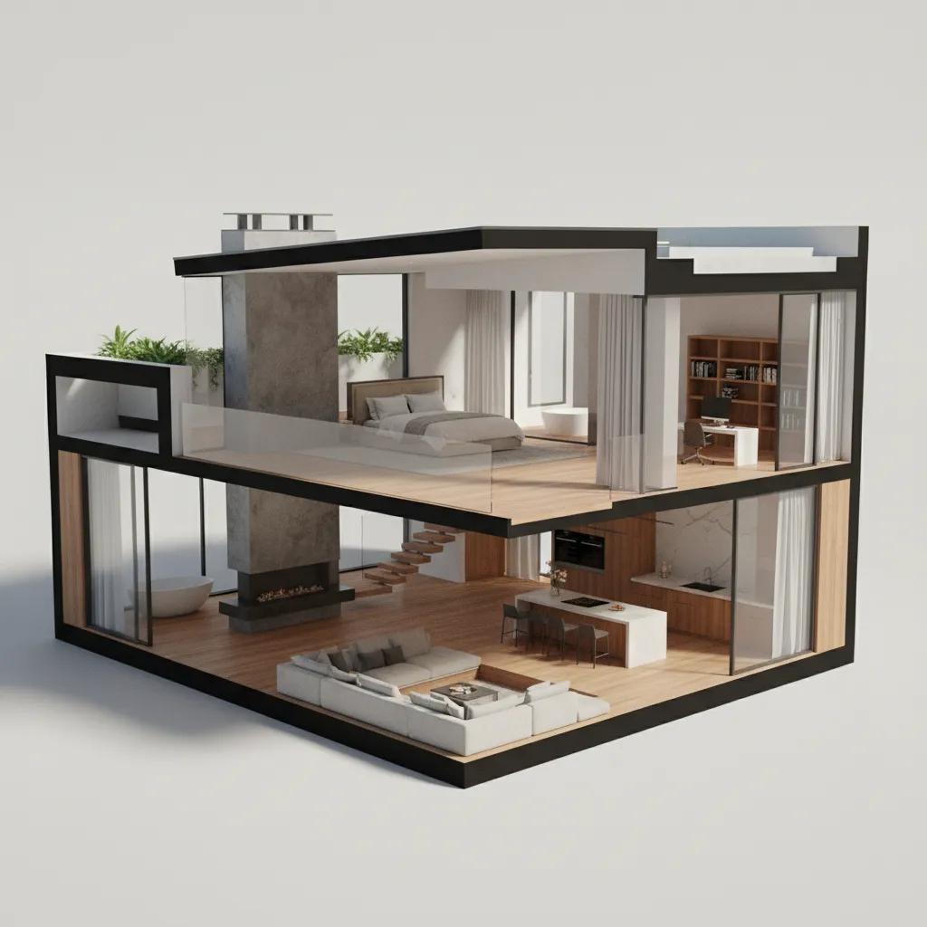 Modern house interior design drawing showing living room kitchen bedroom and office on two floors