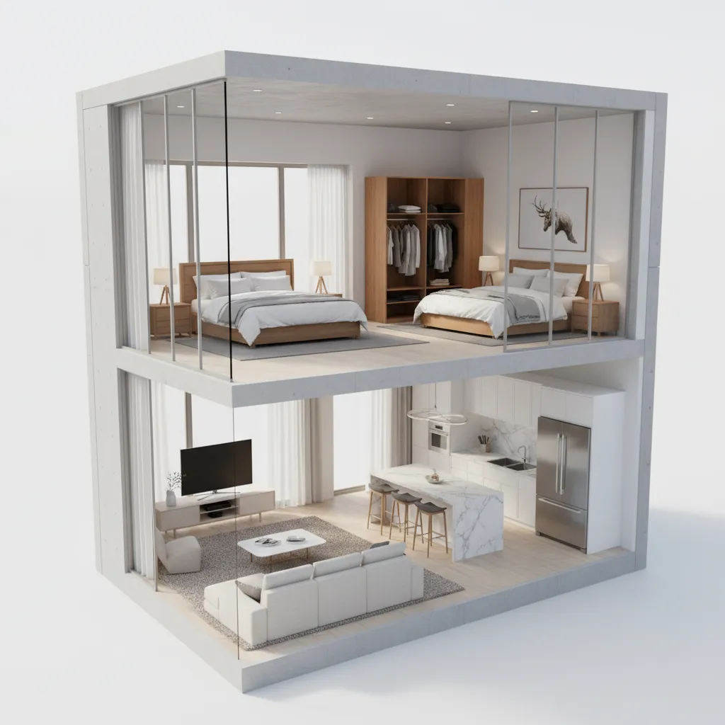 Interior design drawing showing bedrooms on top and living room with kitchen in the bottom
