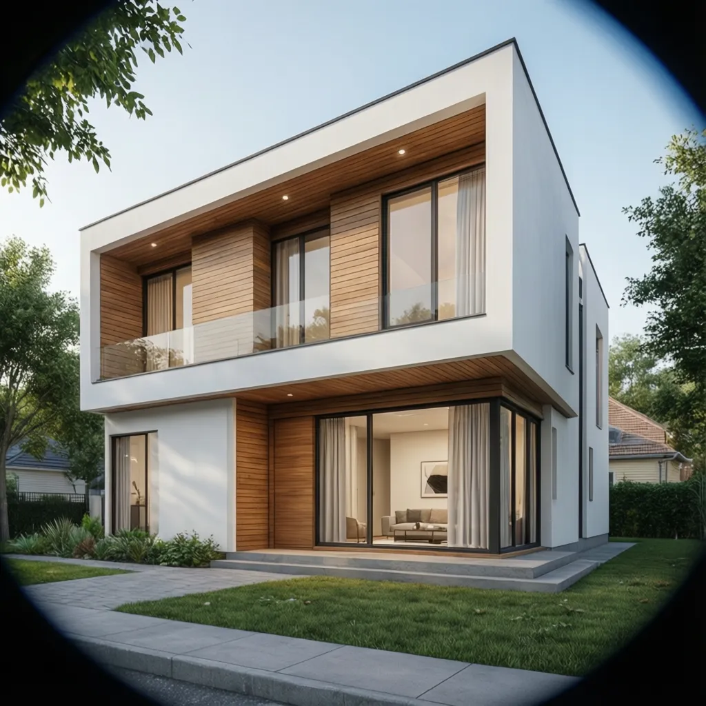 Modelo 3D de una casa moderna mostrando su fachada principal