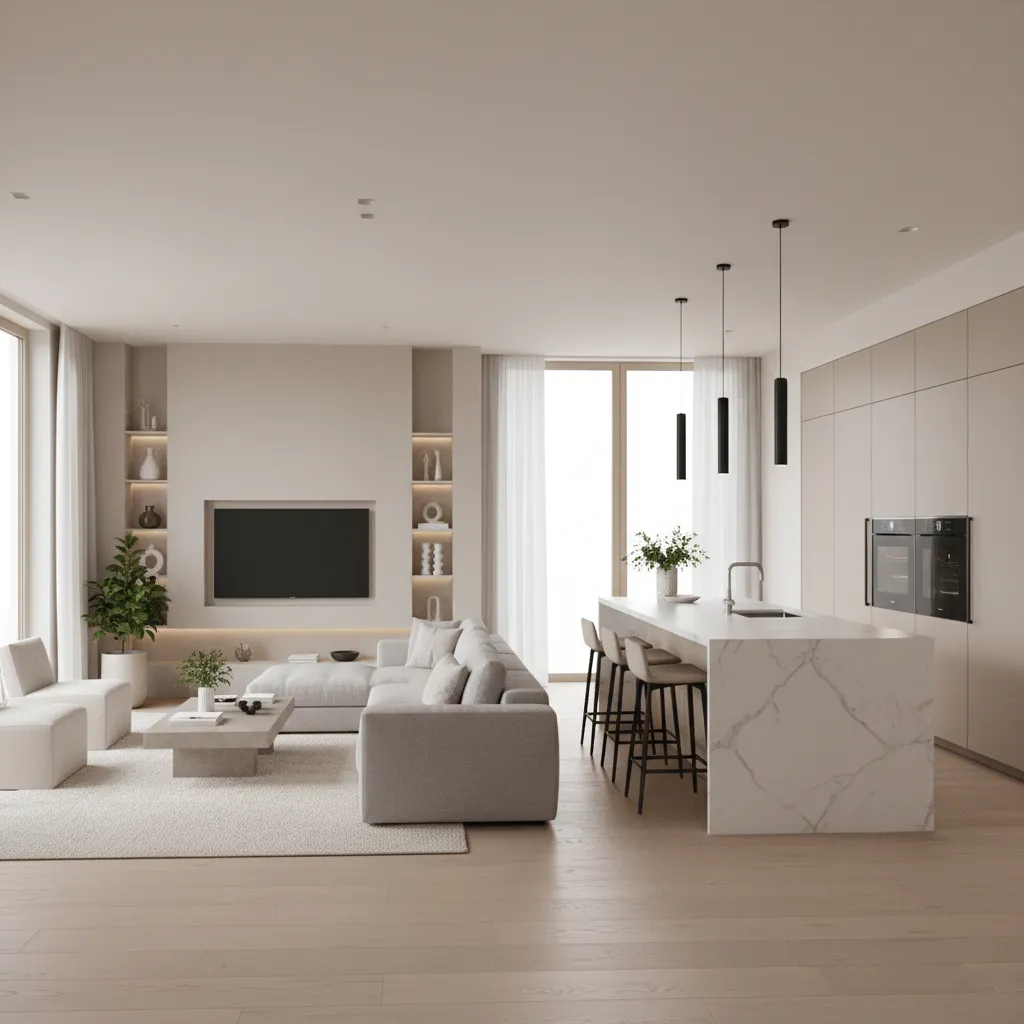Visualización interior de una casa en modelo 3D con salón y cocina abierta