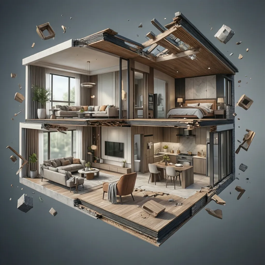 Modelo 3D de una casa mostrando varias habitaciones abiertas