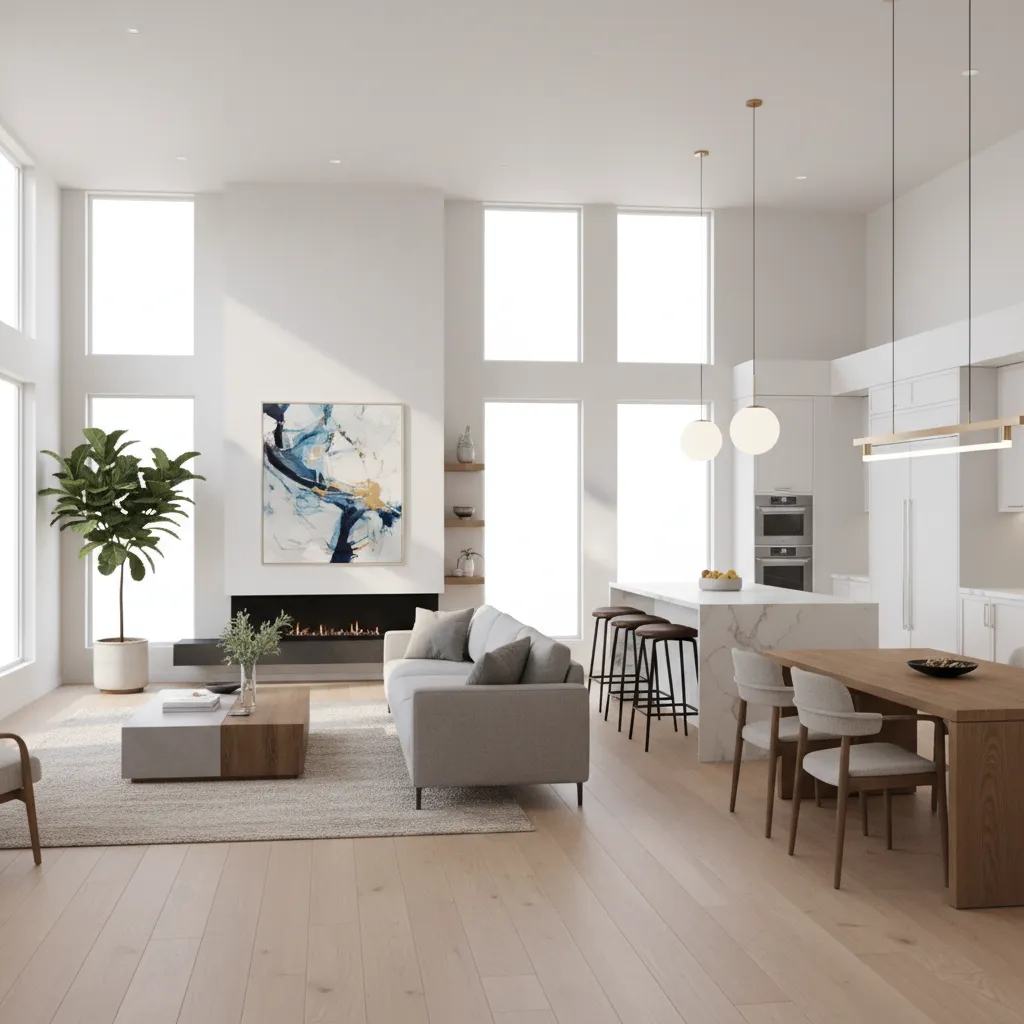 modelo 3D de una vivienda mostrando salón, cocina y comedor conectados