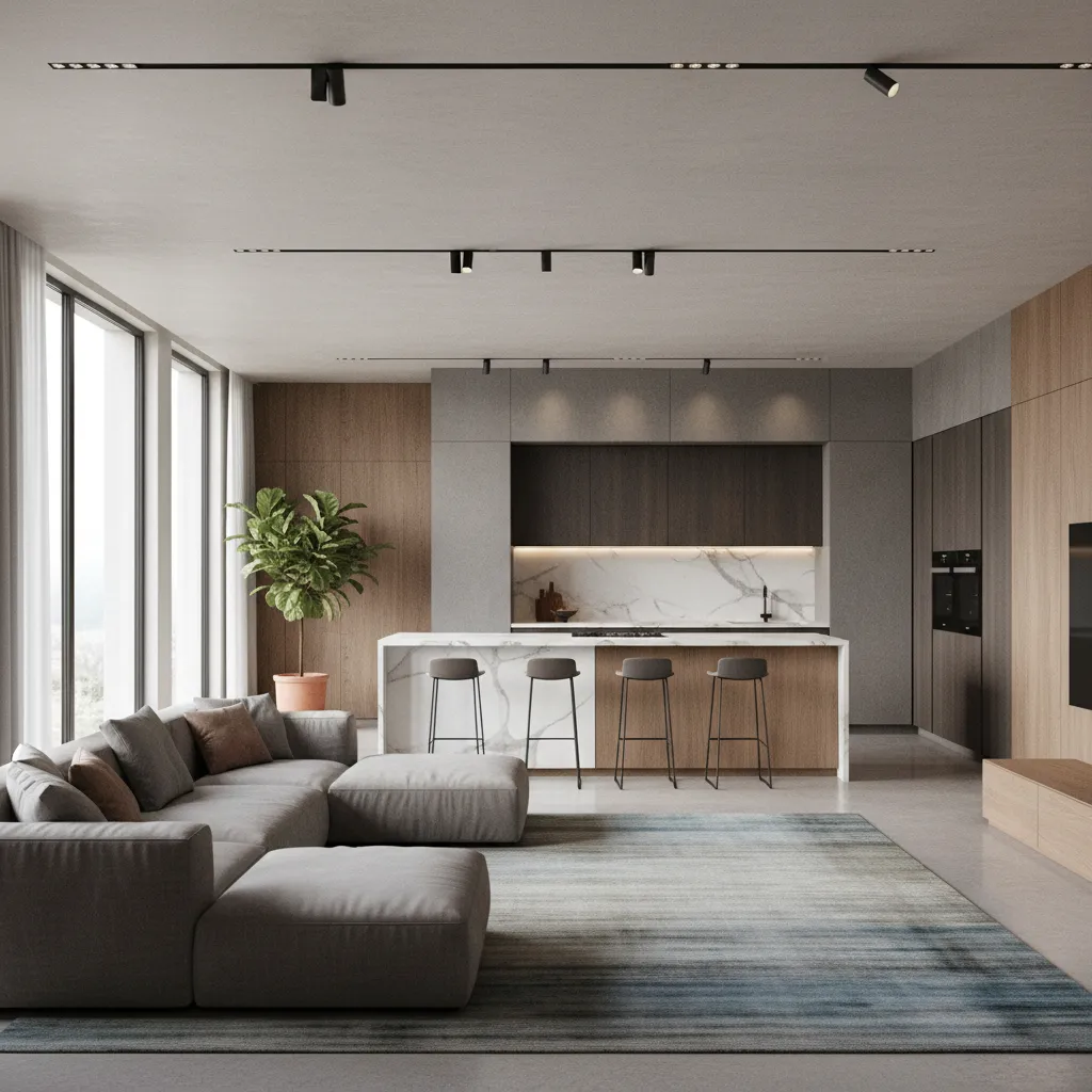 Visualización 3D de un salón moderno generado con software de diseño