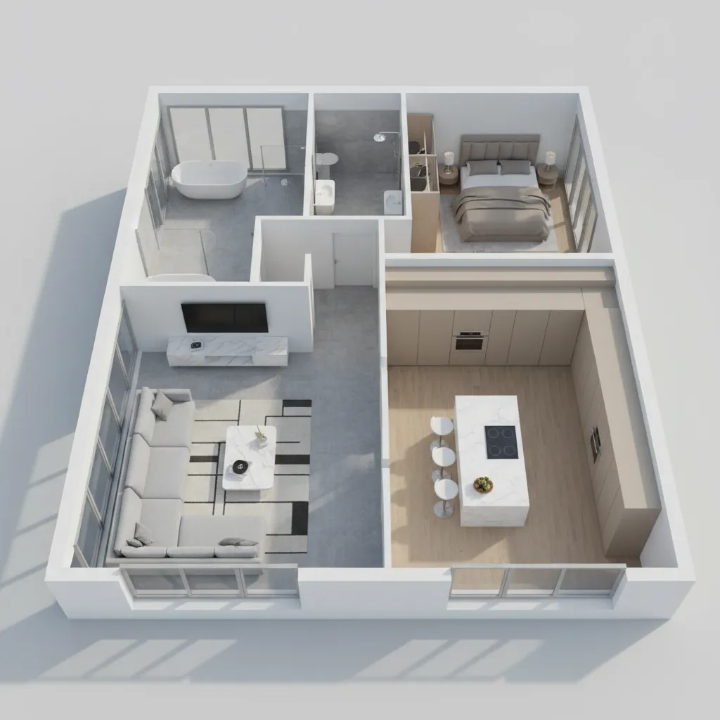 Vista 3D de plano completo de apartamento con varias habitaciones