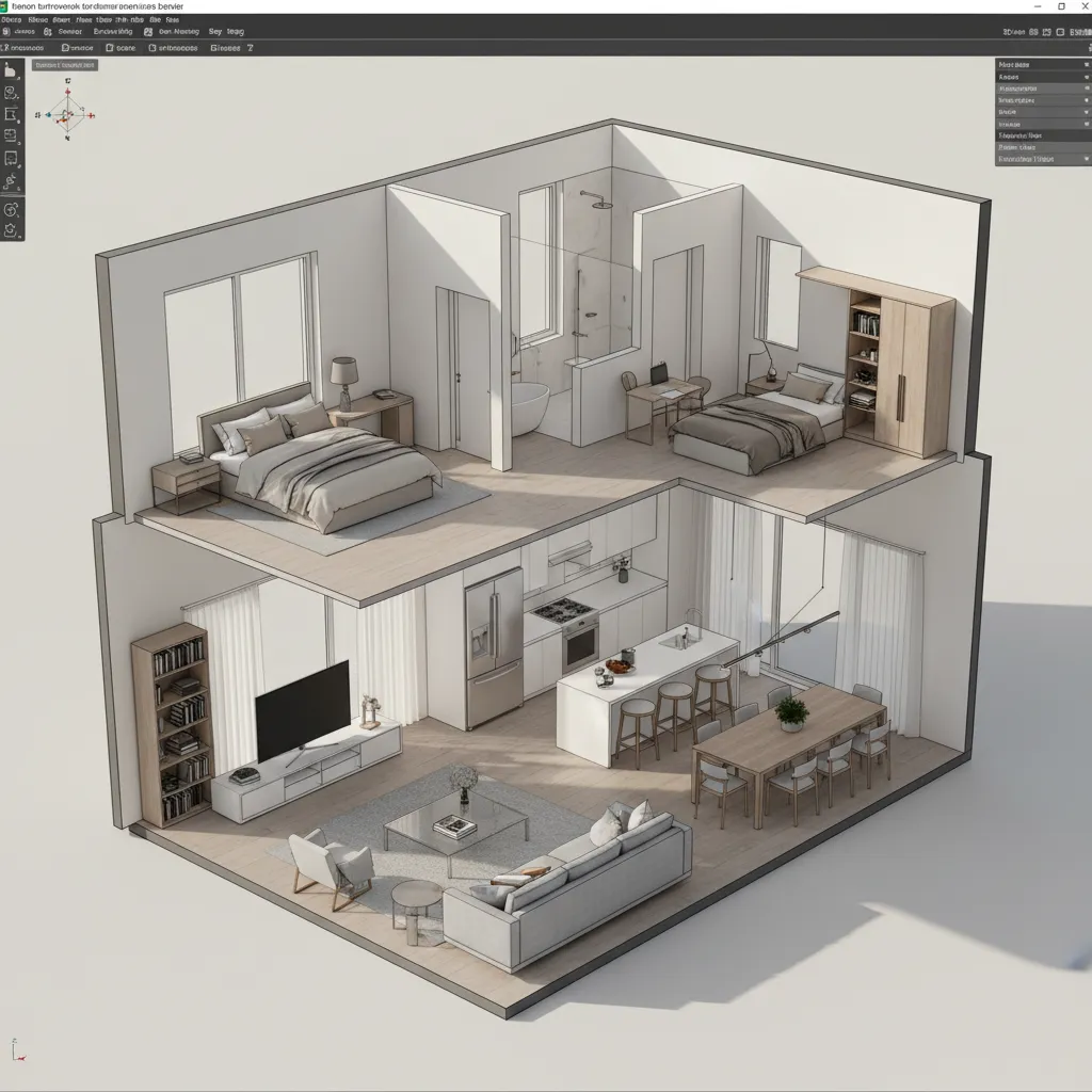 Modelo digital de una casa en 3D con paredes, habitaciones y muebles