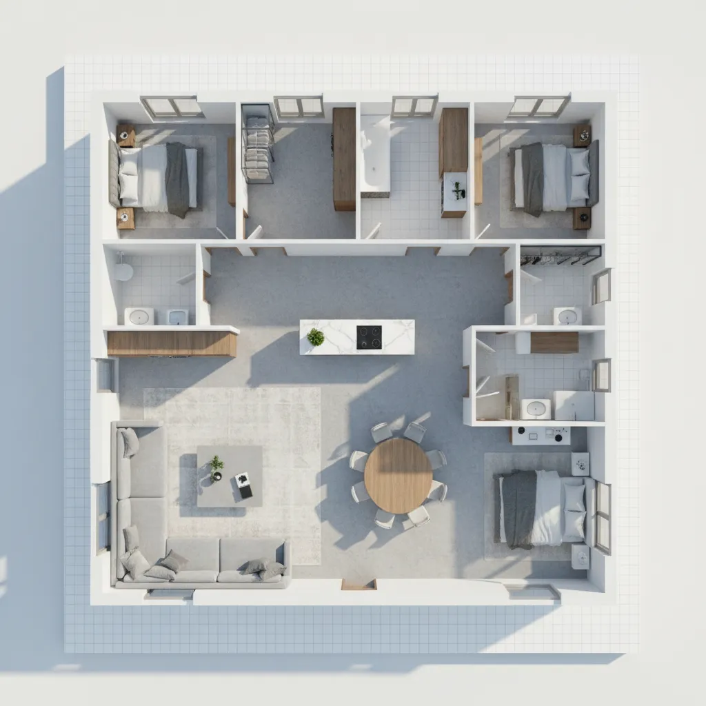 modelo 3D completo de planta residencial com vários ambientes