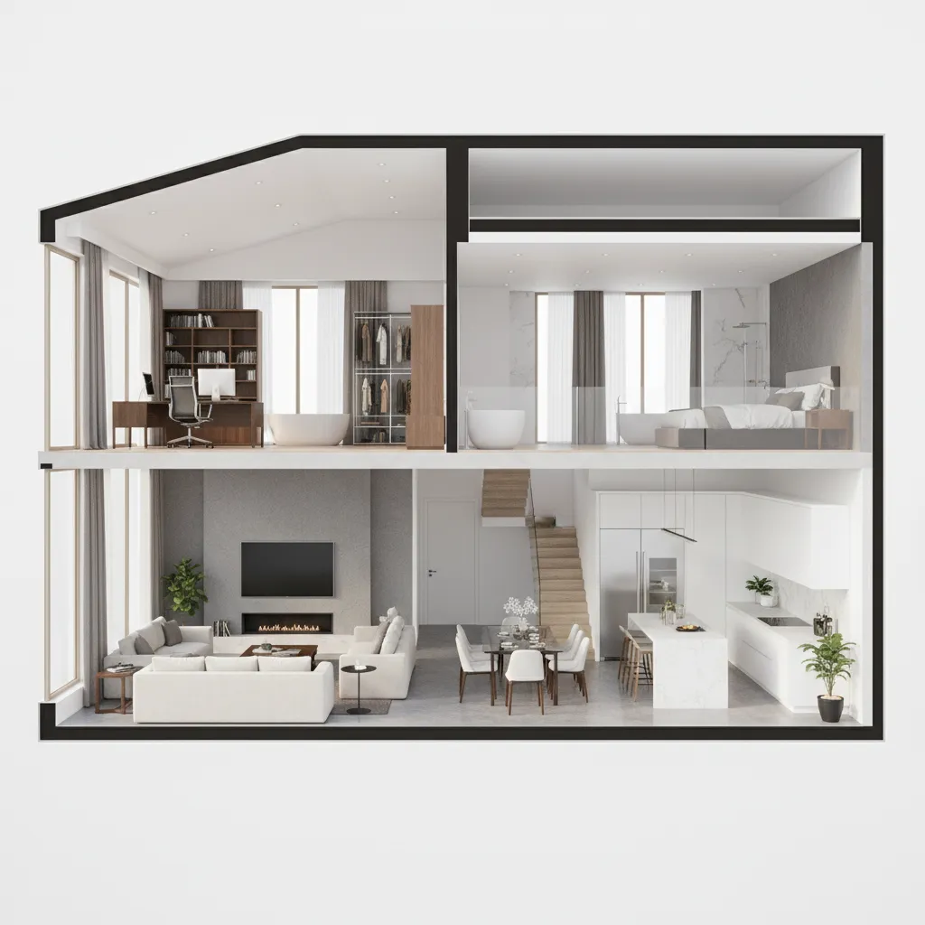 3D interior design drawing of two story house with living room kitchen bedroom and office