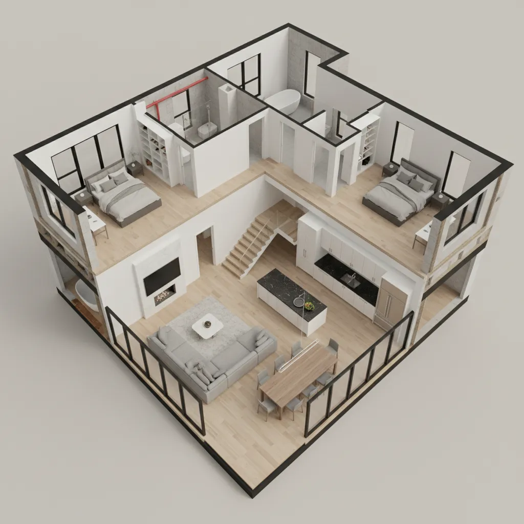 Modelo digital de una casa en 3D con habitaciones visibles