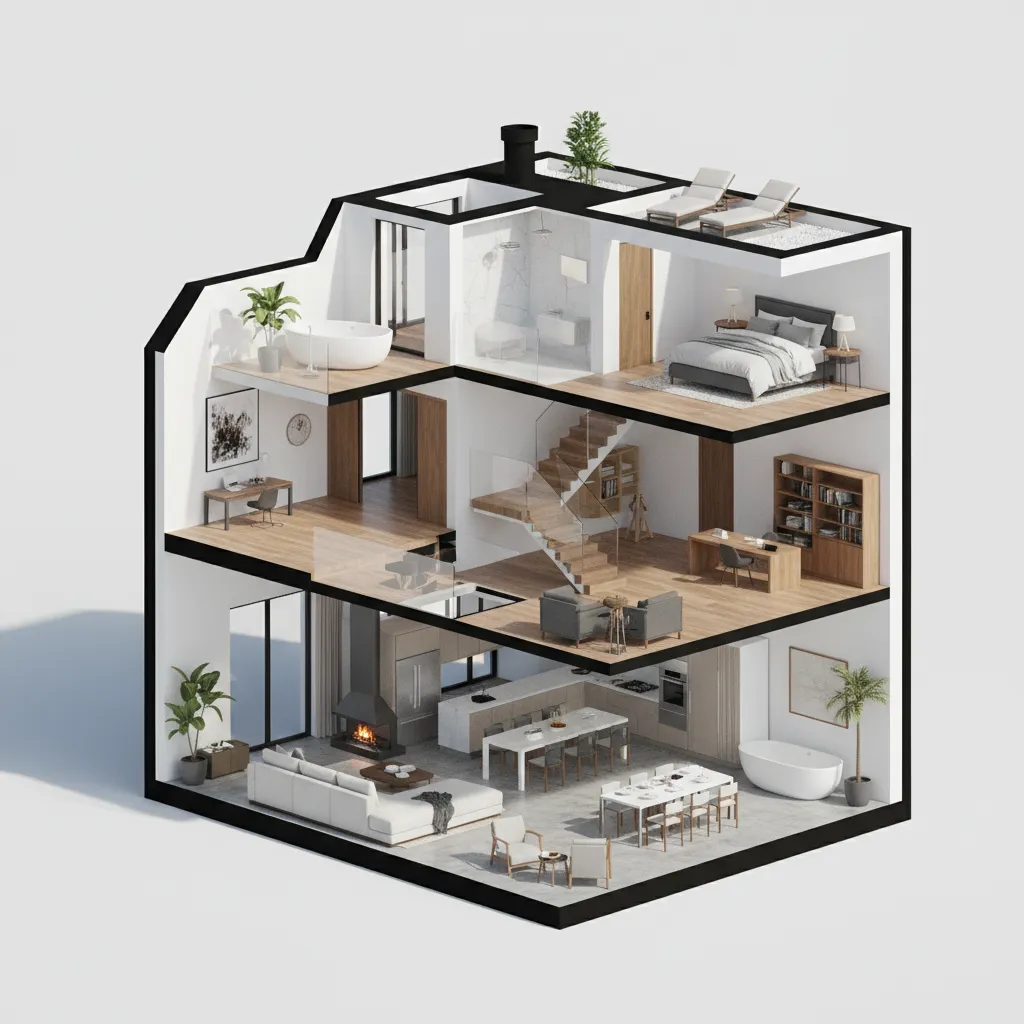 Vista general de un modelo de casa completa en 3D mostrando varias habitaciones